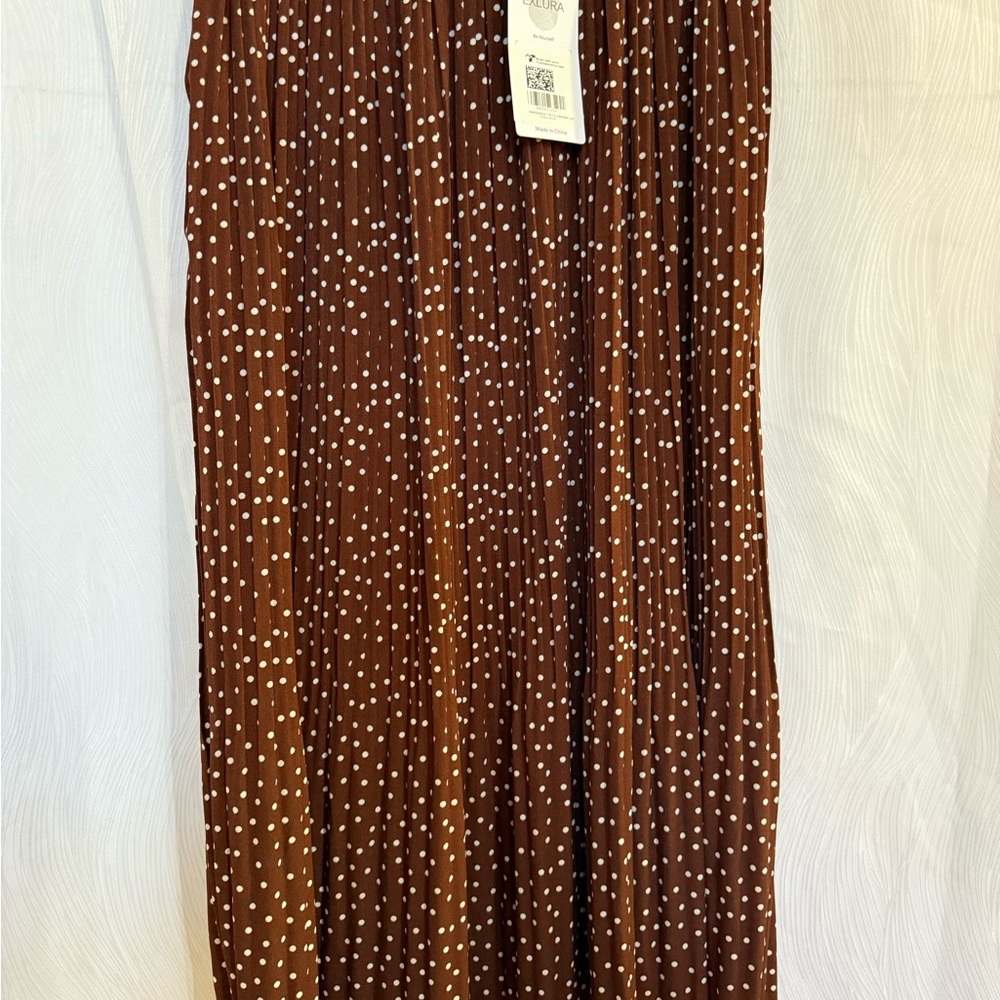 NWT Exlura Brown Polka Dot Pleated Midi Skirt Size L Fall Fashion  A-Line Flowy